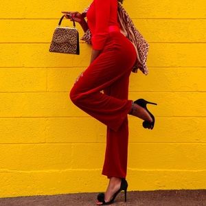 High waisted red velvet pants!